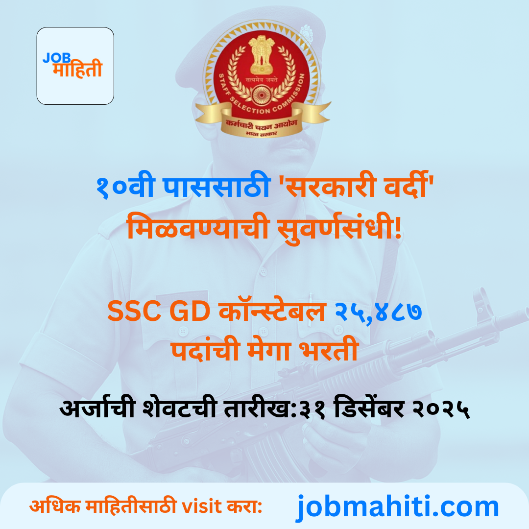 मोठी संधी! SSC GD कॉन्स्टेबल २५,४८७ पदांची मेगा भरती; १०वी पाससाठी 'सरकारी वर्दी' मिळवण्याची सुवर्णसंधी!